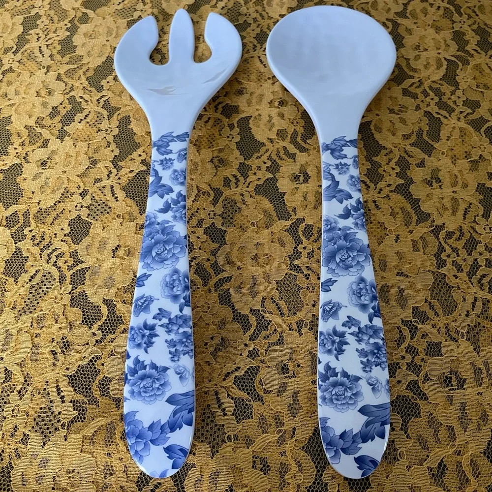 Floral Blue and White Salad Server Set